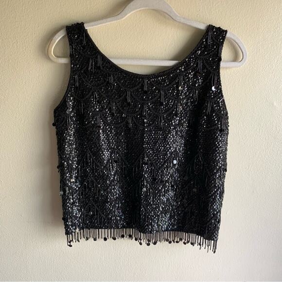 Vintage 1960s Black Beaded Sequin Fringe Blouse Size Small - Picture 5 of 15